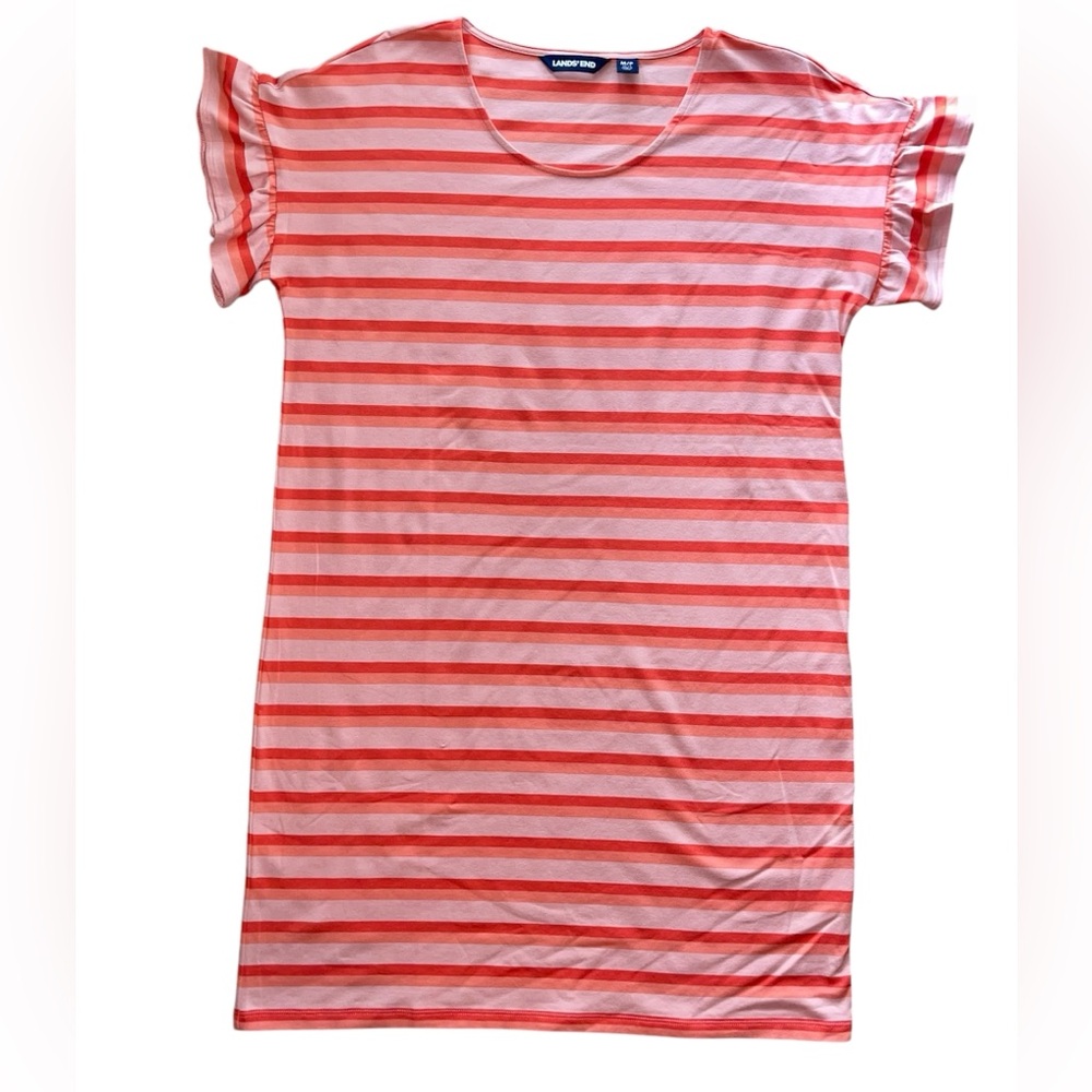 Lands’ End Pink Coral Orange Striped Dress M/P 10-12